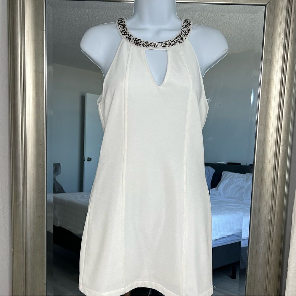 CATCHME Halter Embellishments Neck White Mini Dress Size M.